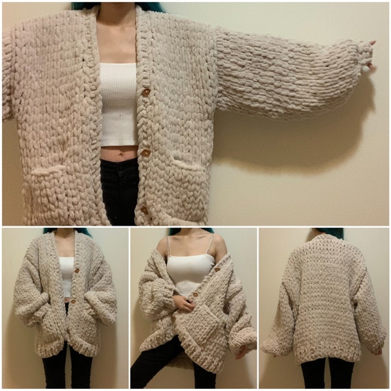 Handknit Oatmeal Chunky Chenille Knit Cardigan With Wood Buttons