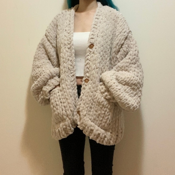 トップス 96AW STONE  CHENILLE KNIT CARDIGAN Handknit Oatmeal Chunky Chenille Knit Cardigan With Wood Buttons