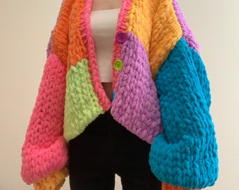 Handknit hot pink, orange, yellow, lime green, blue, and purple colorblock chunky chenille knit cardigan with buttons