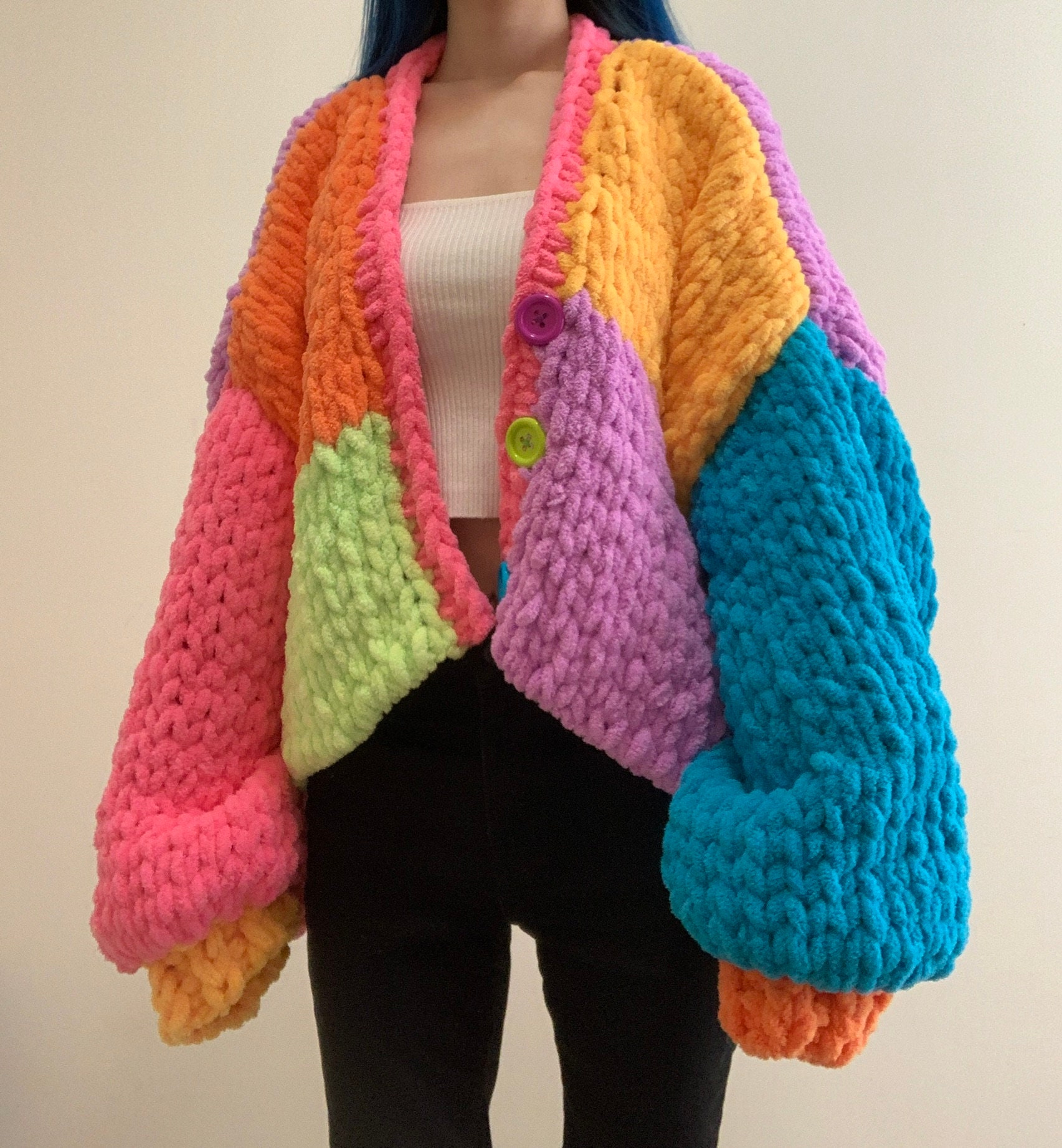 Handknit Hot Pink, Orange, Yellow, Lime Green, Blue, and Handknit Hot Pink, Orange, Yellow, Lime Green, Blue, and