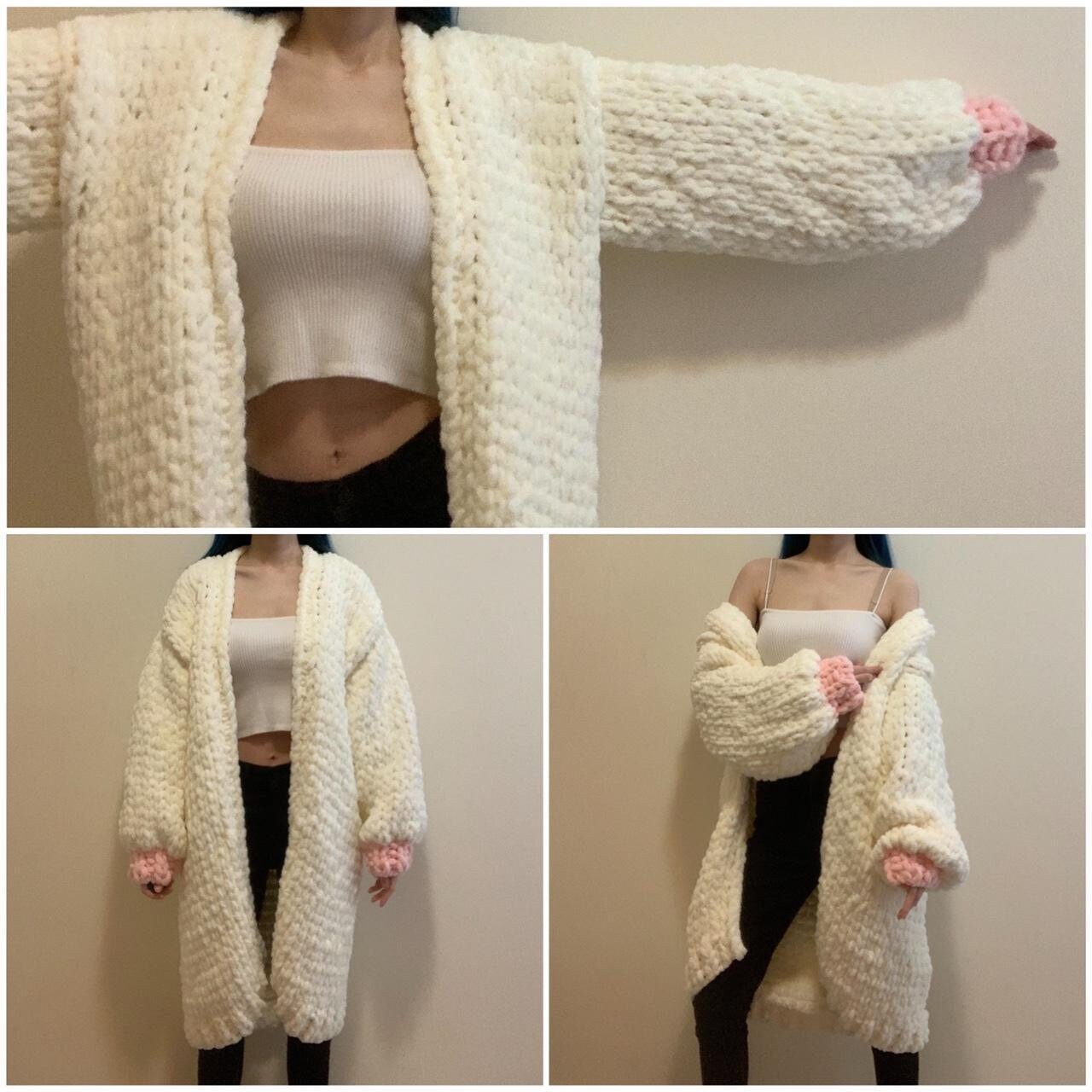 Handknit Cream Chunky Chenille Knit Maxi Open Front Cardigan
