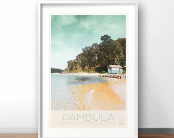 Pambula River NSW Australia, retro vintage print poster Australian travel poster,