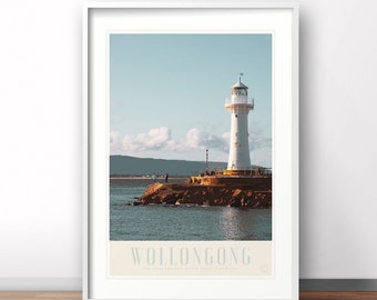 Wollongong NSW Australia, retro vintage print poster Australian travel poster,