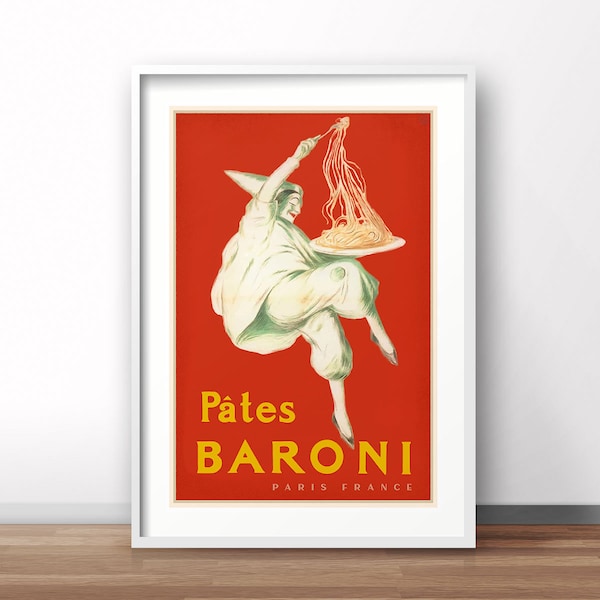 Pasta retro advertising poster, vintage France print, France food travel poster, Pates Baroni