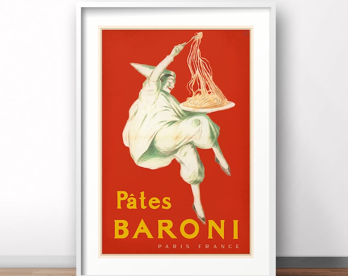 Pasta retro advertising poster, vintage France print, France food travel poster, Pates Baroni