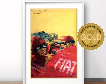 Póster vintage de coche de carreras Fiat, impresión retro de viaje italiana