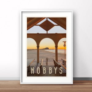 Newcastle Nobbys Beach Travel Poster – Vintage NSW Coastal Wall Art, Retro Australia Print, Surf or Beach House Decor