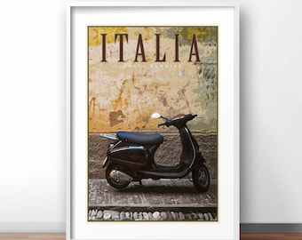 Vintage Vespa Scooter Print, Italy Travel Poster, Retro Art Deco