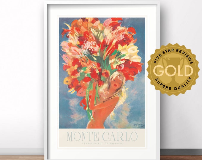 Monte Carlo, French vintage advertising poster, French retro print, vintage flowers France travel poster