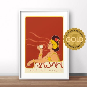 Rajah Coffee, French vintage advertising poster, Belgium beverage retro print, vintage travel poster