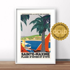 Sainte Maxime, French vintage advertising poster, French retro print, vintage France travel poster