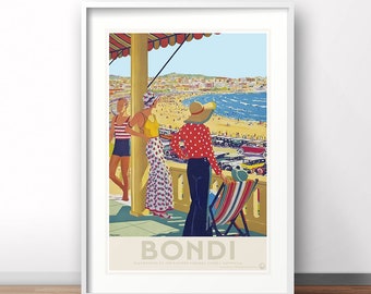 Bondi Beach Art Deco Print, Vintage Australia Travel Poster