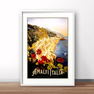 Plakat vintage z Amalfi, włoski plakat reklamowy retro, wydruk vintage z podróży po Włoszech