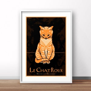 Le Chat Roux vintage poster, Belgium retro print, vintage travel poster, cat print