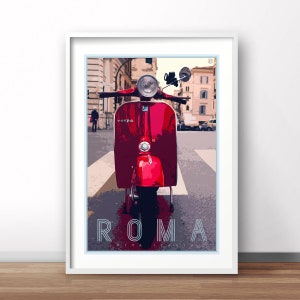 Rome Vespa vintage poster, Italian travel poster, Italy retro print, Vespa scooter print