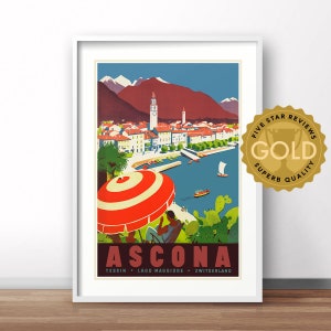 Ascona Switzerland vintage poster, Switzerland travel advertising poster, Europe retro print