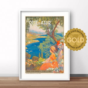 Côte d&#39;Azur, French vintage advertising poster, French retro print, vintage France travel poster
