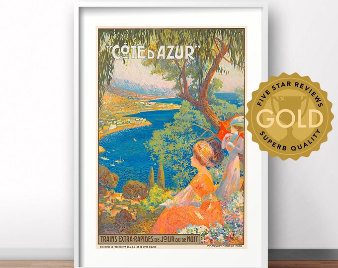 Côte d'Azur, French vintage advertising poster, French retro print, vintage France travel poster