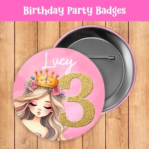 Princess Kid&#39;s Birthday Party Badges - Number Badge - Personalized Birthday Badge