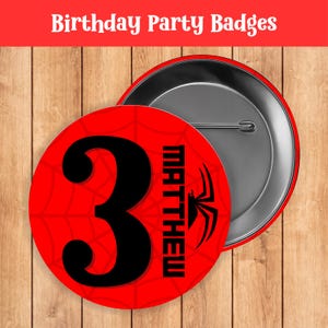 Superhero, spiderman Kid&#39;s Birthday Party Badges - Number Badge - Personalized Birthday Badge