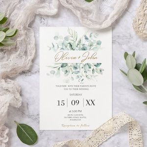 Greenery Wedding Invitation Template, Eucalyptus Wedding Invitation card, Greenery Gold Wedding invitation template Download