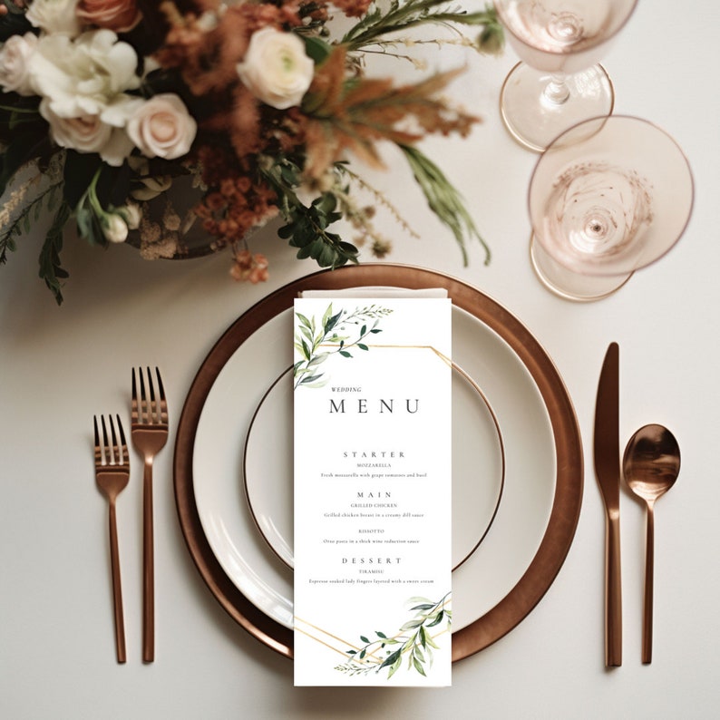 Greenery Wedding Menu Template, Boho Printable Menu Card, 3.75x9 ...
