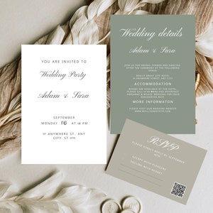 Sage Green Wedding Invitation Suite with Qr Code, Minimal Invite Set with Details Card, Modern Qr Code Rsvp, Editable Templates Bundle