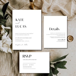 Plantilla de invitación de boda, moderna, minimalista, descarga INSTANTÁNEA, invitación, RSVP, plantilla, tarjeta de detalles de boda, conjunto de invitación de boda