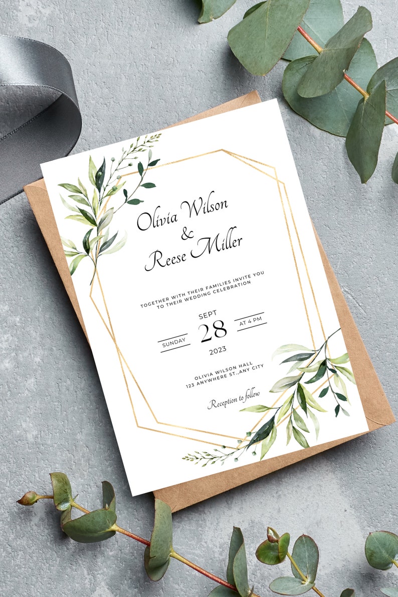 Greenery Wedding Invitation Template, Printable Wedding Invitation ...