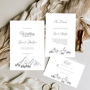 Mountain Wedding Invitation Template Set, Woodland Forest Pine Wedding Invite Suite, Rustic Sage Details Card, Printable RSVP, Download