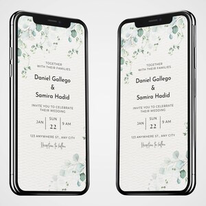 Digitale huwelijksuitnodiging, we doen digitale uitnodiging, groen uitnodigingssjabloon, eucalyptus mobiele uitnodiging, Instant Download