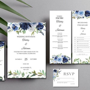 Editable Invitation, Instant Download, printable wedding, Flowers wedding, blue navy flowers, blue mega bundle, blue flowers suite
