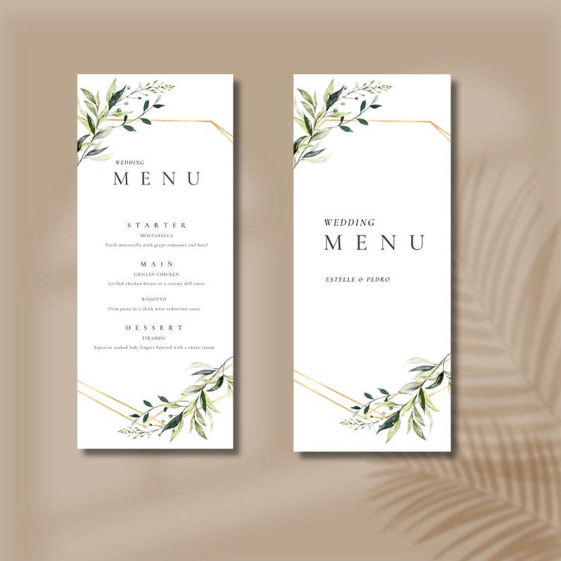 Greenery Wedding Menu Template, Boho Printable Menu Card, 3.75x9 ...