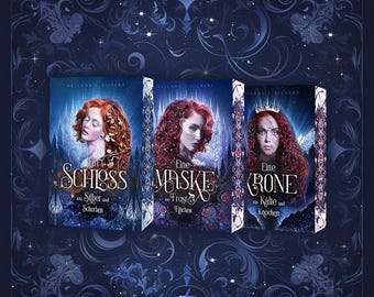 May include: Three fantasy novel book covers with a blue and white background. The covers feature a woman with red hair and a castle in the background. The titles are "A Castle of Silver and Shards", "A Mask of Frost and Fables", and "A Crown of Cold and Bone".