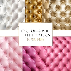Könnte beinhalten: Ein Set mit 14 digitalen Texturen, die gepolsterte Polster in Rosa, Gold und Weiß zeigen. Diese nahtlosen Muster eignen sich perfekt zum Erstellen von Hintergründen, zum Hinzufügen von Textur zu Designs oder zum Erstellen einzigartiger digitaler Kunst.