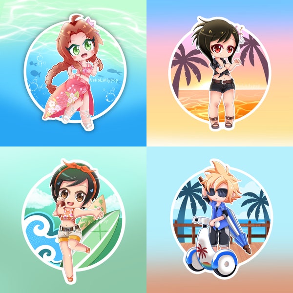 FF7 Rebirth Characters || Vinyl Stickers || Cloud, Aerith, Tifa, Yuffie || Waterproof || Chibi || Costa Del Sol ||