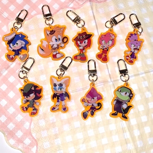 May include: Nine colorful keychains featuring characters from the Sonic the Hedgehog franchise. The keychains are made of clear acrylic with a gold metal ring. The characters include Sonic, Tails, Knuckles, Amy, Blaze, Shadow, Rouge, and Vector.
