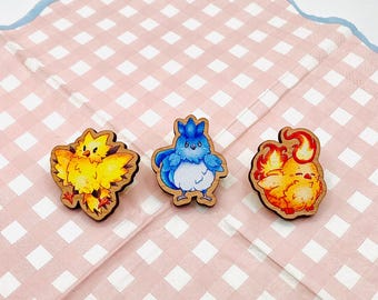 CLEARANCE, Pokechibis, Legendary birds,  Cute Wooden Pins, Zapdos, Moltres, Articuno