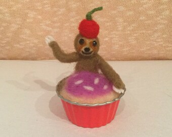 Needle Felt Sloth - Sloth Gift - Sloth in a Cupcake - Felt Animals - Sloth Ornament - Sloth Art - Sloth Plush - Sloth Figurine