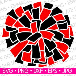 May include: A vector graphic of a red and black pom-pom, perfect for cheerleading or sports-themed designs. The design is made up of overlapping shapes and includes file type options: SVG, PNG, DXF, EPS, and JPG.