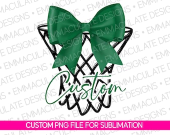 Aro de baloncesto personalizado verde Kelly y blanco con lazo PNG: Diseño sublimado de animadoras con espíritu escolar (descarga digital)