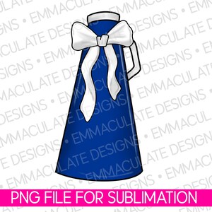 Puede incluir: Un diseño de megáfono azul con lazo y asa blancos, para sublimación. El megáfono tiene una forma clásica, ancho en la base y estrechándose hacia arriba. El lazo es grande y decorativo. El texto "PNG FILE FOR SUBLIMATION" está en la parte inferior.