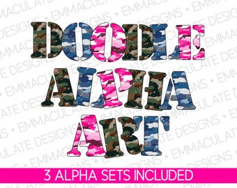 Camo Doodle Letters Clipart Bundle: Military Alphabet PNG (Digital Download)