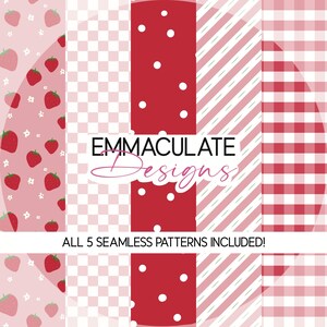 May include: A collection of five seamless patterns in pink and red. Designs include strawberries, polka dots, stripes, and gingham. The text "EMMACULATE Designs" is displayed, along with the text "ALL 5 SEAMLESS PATTERNS INCLUDED!"