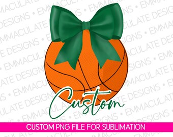 Balón de baloncesto Kelly verde y blanco personalizado con lazo PNG: Diseño sublimado de porristas con espíritu escolar (descarga digital)
