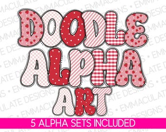 May include: A digital graphic featuring the words "DOODLE ALPHA ART" in a bubble letter style. The letters are filled with various patterns, including polka dots, stripes, gingham, and strawberry designs. The text "5 ALPHA SETS INCLUDED" is at the bottom.