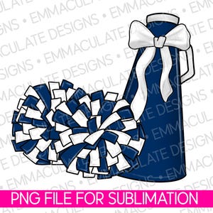May include: A navy blue megaphone with a white bow and two navy and white pom-poms. The image includes the text "PNG FILE FOR SUBLIMATION" in pink. This design is suitable for cheerleading.