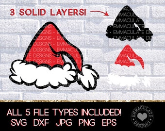 May include: A red and white Santa hat with a black outline. The hat is layered in three parts: the hat, the fur trim, and the pom-pom. The image includes the text "3 SOLID LAYERS!" and "ALL 5 FILE TYPES INCLUDED! SVG DXF JPG PNG EPS".