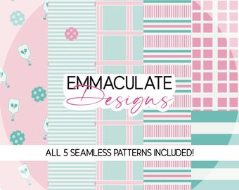 Pickleball Seamless Pattern Bundle: Pink & Green Summer Designs (PNG Files, 300DPI)