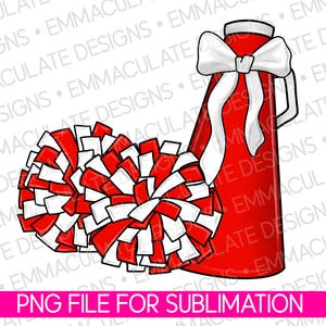 Red and White Cheer Pom Poms and Megaphone png | Cheerleading png | Pom Pom Sublimated Design | Cheer Bow | Megaphone png | School Spirit